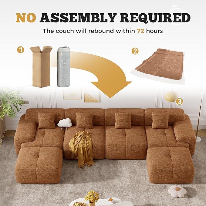 158" Modern U Shaped Modular Sectional Sofa, Boneless Couches for Living Room with Ottoman,6 Seater Convertible Chenille Cloud Couch Sofa Set, No Assembly Required, Orange 1 PCS