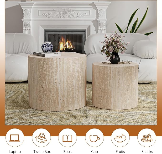 Nesting Coffee Table Set of 2 Modern Round Coffee Table with Non-Slip Feet, Wooden Circle Accent Tables Contemporary Drum Side Table End Table for Living Room Bedroom (Travertine)