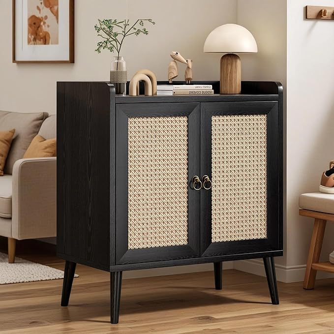 26" Rattan-Door Sideboard Cabinet with Round Pull Rings, 2-Door Credenza Buffet with Generous Storage, Modern Accent Cabinet for Living Room & Kitchen, Black