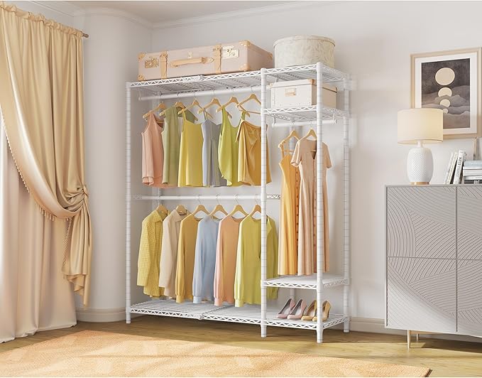 VIPEK X20 Expandable Metal Clothing Rack Adjustable from 3'3" to 4'8" Heavy Duty Garment Racks with Adjustable Shelves and Hanger Rods Portable Wardrobe Open Closet Rack System, White