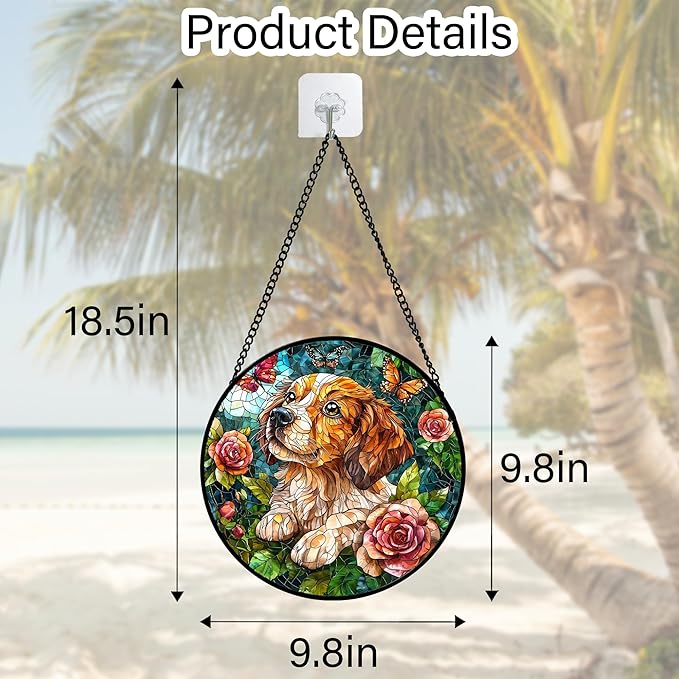 Stained Glass Window Hanging, Dog and Rose Suncatcher for Doors Home Butterfly Sun Catchers Decoration and Christmas, Mother's Day Birthday Gifts for Women, Men, and Mom 9.8 in