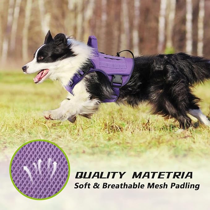 WINGOIN Purple Tactical Dog Harness for Large Dogs, Heavy Duty No Pull Dog Harness with Handle, Adjustable Reflective Military K9 German Shepherd Big Size Dog Vest for Walking, Training, Hunting (L)