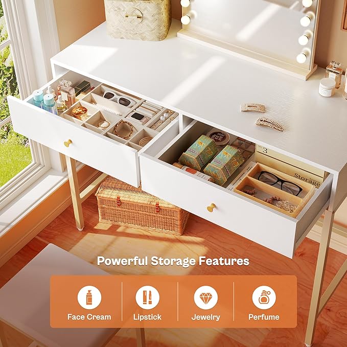 SUPERJARE 35.4" White and Gold Desk with 2 Drawers, Modern Makeup Vanity with Padded Stool, Small Computer Desk Home Office Desk for Writing Study Bedroom