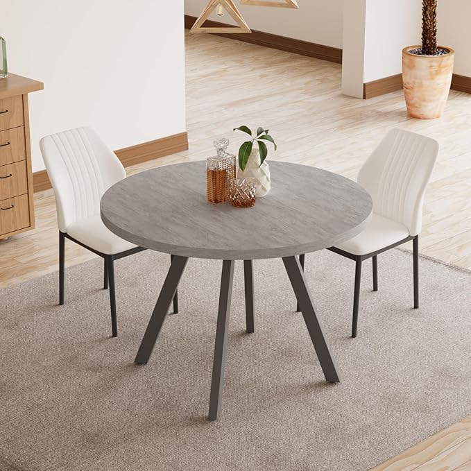 34.6'' Round Dining Table and Chairs for 2, Space Saving Modern Casual Coffee Table Set for Apartment Kitchen Dining Room (Grey Table+2 White Chairs)