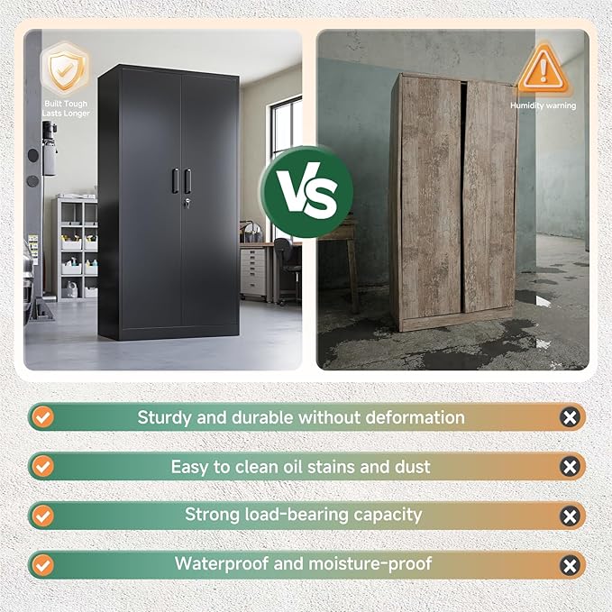 Letaya Metal Storage Cabinets with Lock Doors,Tall Locker Organizer Steel Garage Cabinets, 5 Adjustable Layers Shelves for Home, Office, Warehouse,Tool,Industrial(Black)