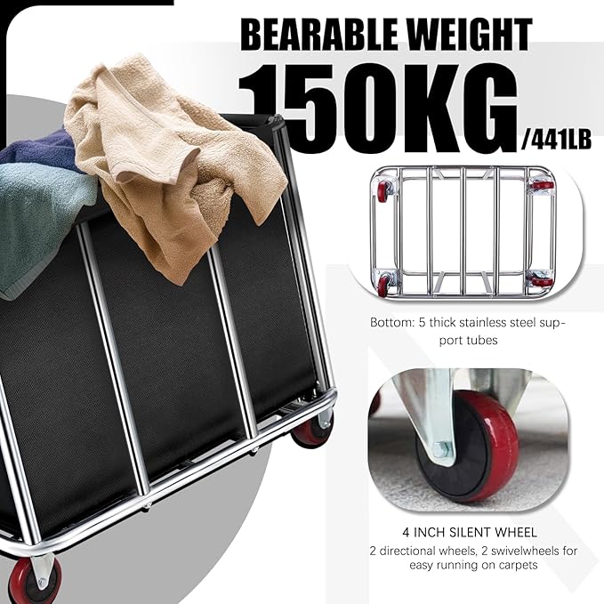 Commercial Laundry Cart on Wheels, 11.35 Bushels Large Roller with Removable Waterproof Canvas Lined Basket, Heavy Duty Stainless Steel for Hotels and Hospitals