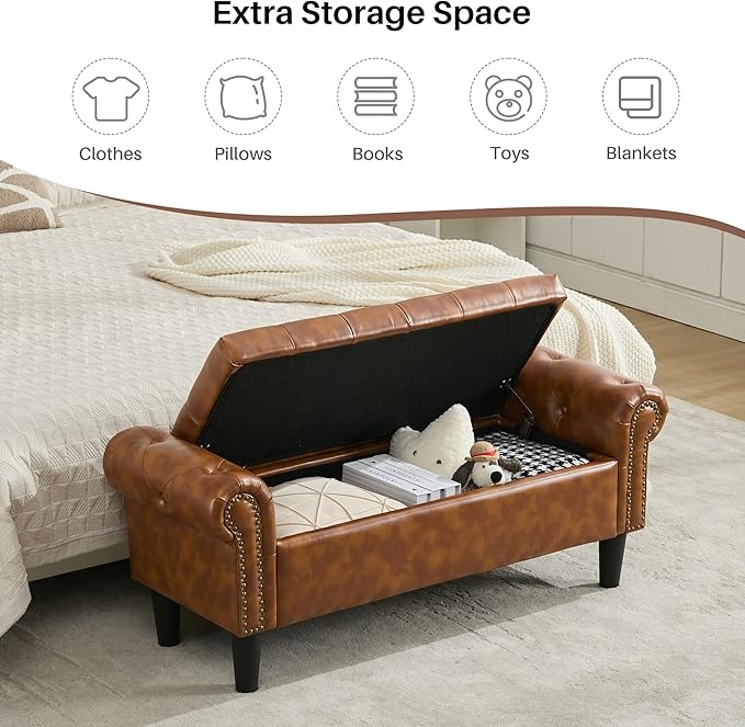 Queen End of Bed Bench with Storage, Faux Leather Tufted Button Upholstered Ottoman, Window Bench for Living Room, Entryway - Brown