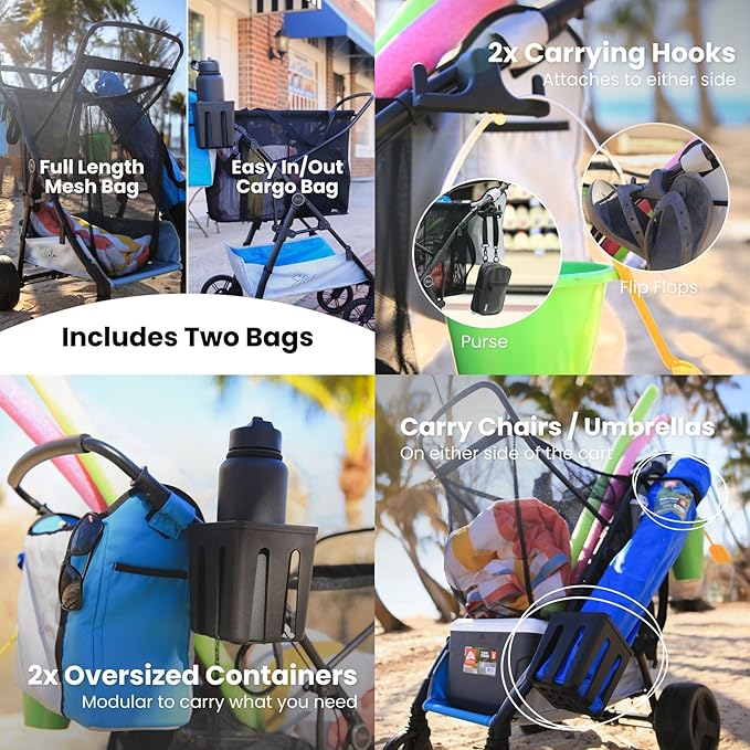 Strolee Large Wheeled Collapsible Beach Cart for Soft Sand, Shopping, Camping & Garden- Lightweight Aluminum Frame- Removable Storage Bag with Carrying Straps, X-L Capacity & Cooler Rack (Blue)