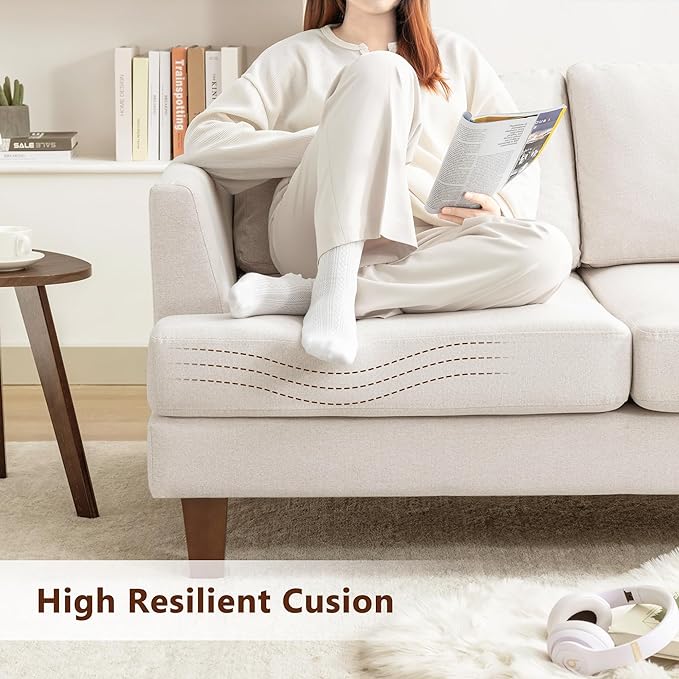 3 Seater Sofa Couch with Deep Seats, 89" Mid Century Modern Upholstered Sofa with Armrests, Comfy Couches for Living Room, Bedroom and Office, Linen Fabric Apartment Couch (Linen Beige)