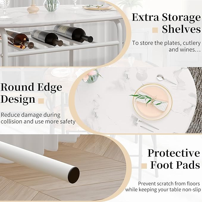VECELO 3-Piece Dining Table Set for Kitchen Breakfast Nook, Faux Marbled Oval Tabletop and Metal Frame with Built-in Wine Rack, for Small Spaces, White