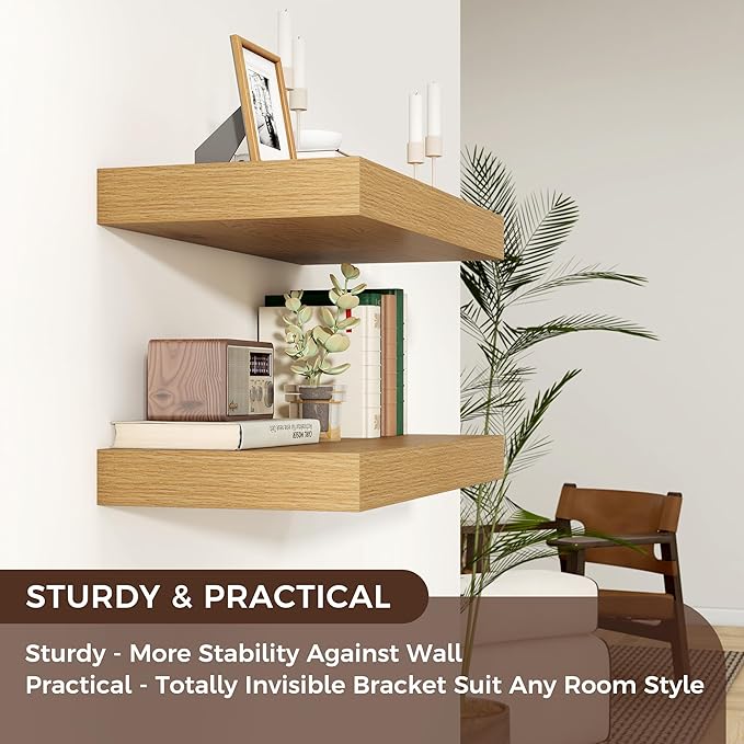 Floating Shelves for Wall, 24 Inch Wide x 12 Inch Deep Floating Shelves, Long Wood Floating Wall Shelf Shelves for Living Room Bathroom Bedroom Kitchen Home - (Oak, 24" W x 12" D x 2" H)