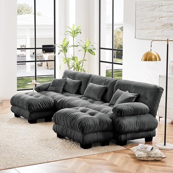 133.8" Oversized Couch, 3 Seater Modular Sectional Sofa, Grey Large U Shaped Sectional Couches for Living Room, Fluffy Couches Set, Chenille Cloud Couch with Ottoman, Sofas for Living Room