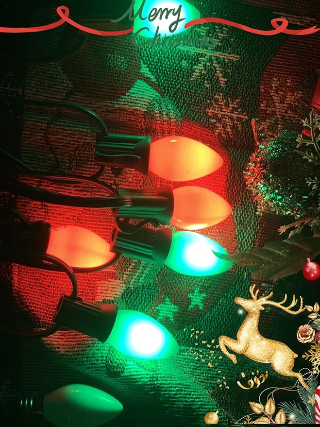 25ft Christmas Lights Outdoor, C7 Vintage Christmas String Lights with 27 Red Green Ceramic Bulbs(2 Spare), Hanging Patio String Lights for Holidays Christmas Party Wedding Decorations, Green Wire