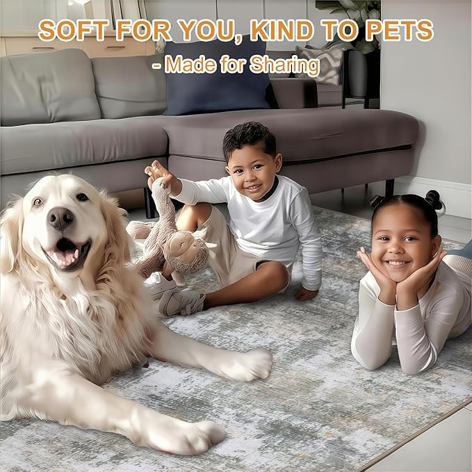 WILLSUN Washable Area Rugs, 6x9 Non-Slip Boho Large Area Rugs for Living Room, Bedroom, Machine Washable Vintage Rug, Indoor Floral Print Carpet for Home Decor, Kid & Pet Friendly Mat