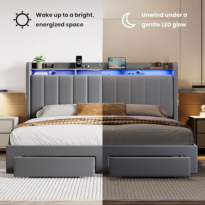 SHA CERLIN Velvet King Size Bed Frame with Vertical Channel Tufted Wingback Headboard & 2 Storage Drawers/2-Tier Shelves with LED Lights & Charging Station/Noise-Free/No Box Spring Needed/Light Grey