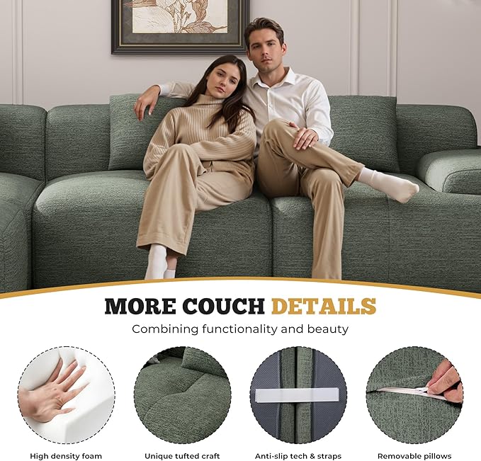 122" Modern L Shaped Modular Sectional Sofa, Boneless Couches for Living Room with Ottoman,4 Seater Convertible Chenille Cloud Couch Sofa Set, No Assembly Required, Green 1 PCS