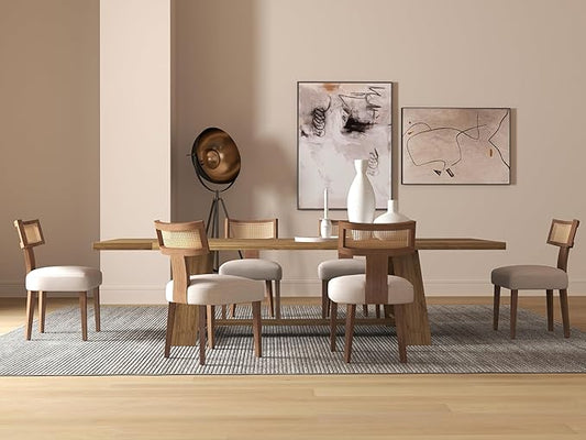 Rattan Dining Chairs Set of 6, Modern Dining Chair Kitchen Dining Room Chairs, Curved Cane Back Upholstered Linen Fabric Dining Chair with Wood Frame, Beige