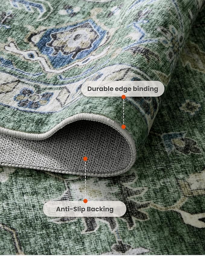 AMADA HOMEFURNISHING 9x12 Area Rug, Washable Low-Profile Large Area Rug with Non-Slip Backing & Durable Edge Binding, Vintage Large Rugs for Living Room, Bedroom