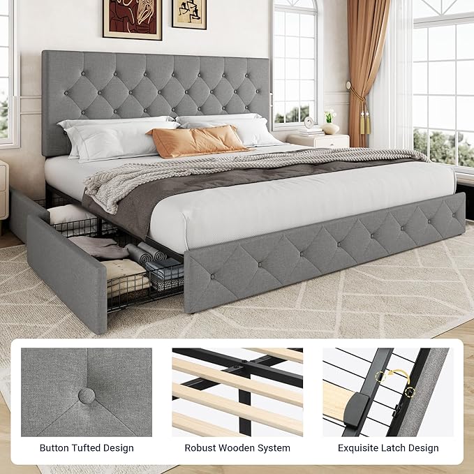 Allewie Upholstered King Size Platform Bed Frame with 4 Storage Drawers and Headboard, Diamond Stitched Button Tufted, Mattress Foundation with Wooden Slats Support, No Box Spring Needed, Light Grey