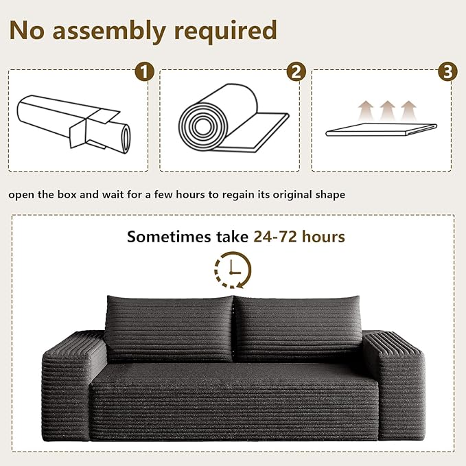 71" Boneless Loveseat Sofa - Cloud Couch with Memory Foam, Comfy Deep Seat - Corduroy Floor Sofa, No Assembly Required - Small Space Friendly for Living Room, Bedroom, Apartment, Black