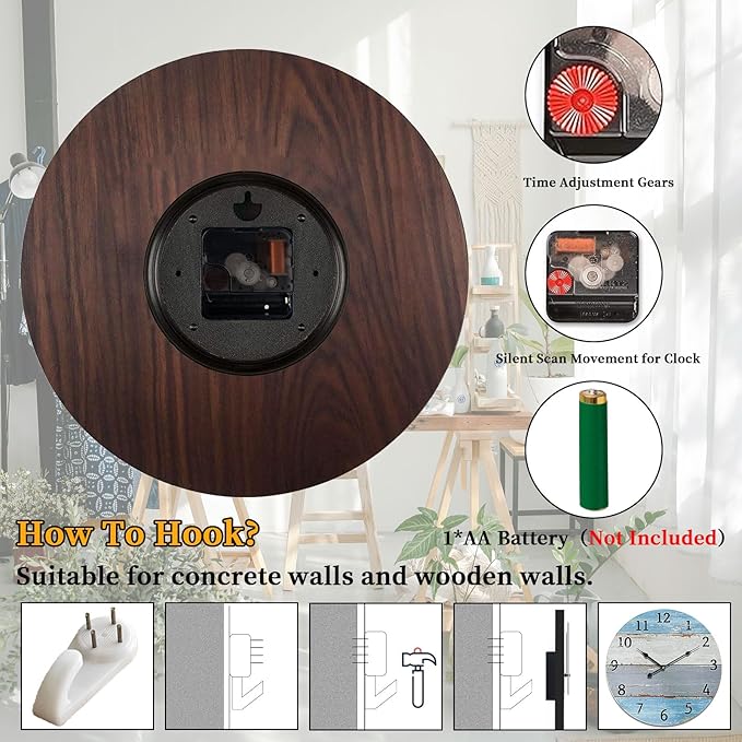 Large Wall Clock for Living Room Decor，24 Inch Blue Round Wood Clock for Bedroom,Coastal Vintage Rustic Clock for Farmhouse Kitchen