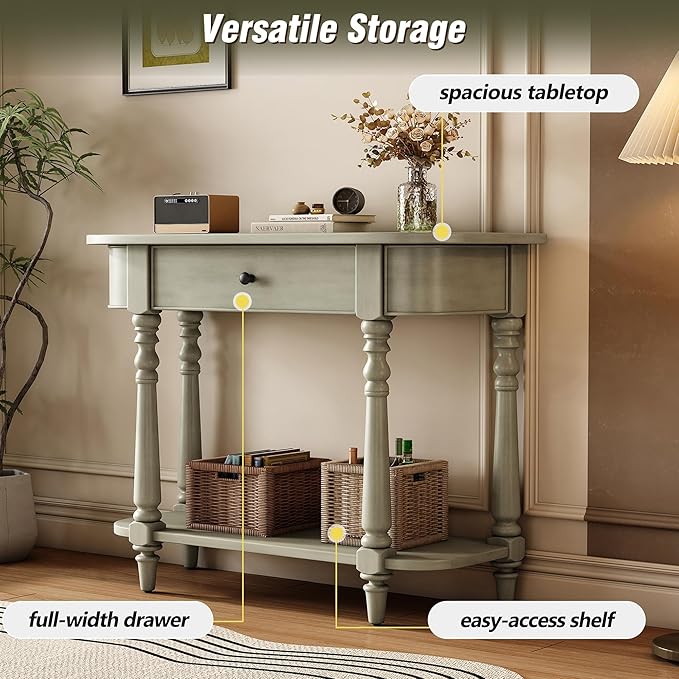 HMFULE Retro Curved Console Table, 36" Solid Wood Half Moon Console Table Sofa Table Entryway Table with 1 Drawer 1 Open Shelf Roman Legs Curved Corners for Living Room,Entryway,Hallway,Gray