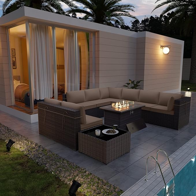 Kurapika 10 Pieces Patio Furniture Set, Rattan Wicker Outdoor Conversation Sets w/43in Propane Fire Pit Table and 4 Inch Cushion(Sand)