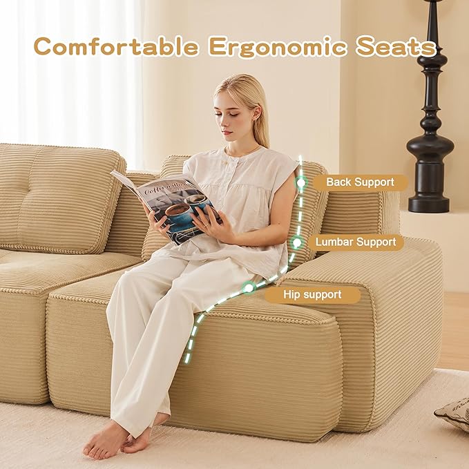 115.3'' Sectional Sofa, 32D Foam Corduroy Boneless Couch with Pillow, Deep Seat Wide Arm Sectional U Shaped Couch for Living Room, Apartment, Bedroom