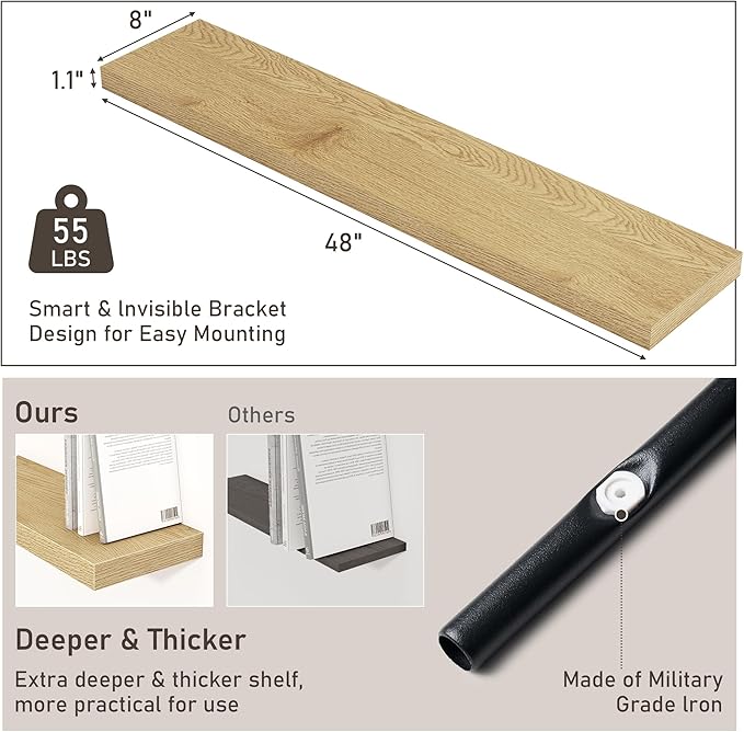 Fun Memories 48 Inch Floating Shelves for Wall 8 Inch Deep Oak Shelves Set of 2, Wall Mounted Rustic Wood Long Floating Shelf, Large Display & Storage Shelf with Invisible Brackets
