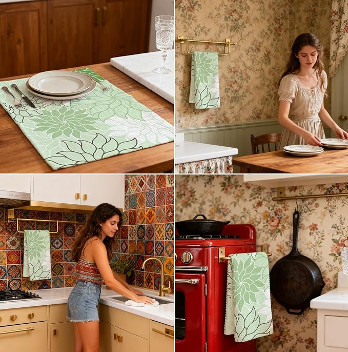 Boho Floral Abstract Waffle Towels, Flower Hand Towel for Bathroom Decor, 16x24 Inch Neutral Green Flower Dish Tea Towel Decor for Kitchen/Bath/SPA,Gift for Friends.