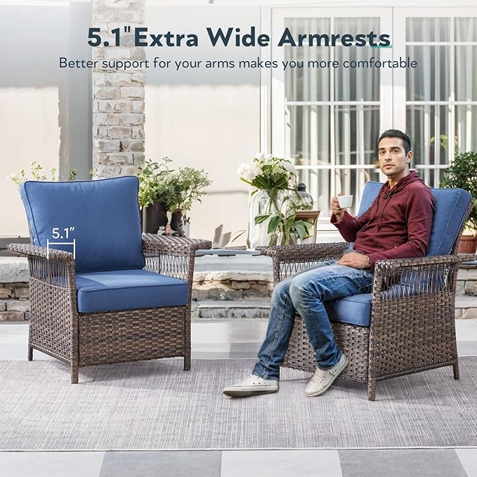 Wicker Outdoor Chairs Set - 3 Pieces Hollow Widen Armrests Patio Furniture Set with Side Table, Comfortable High Back Rattan Chairs for Balcony Porch Deck and Yard - Brown/Blue