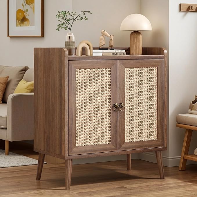 26" Rattan-Door Sideboard Cabinet with Round Pull Rings, 2-Door Credenza Buffet with Generous Storage, Modern Accent Cabinet for Living Room & Kitchen, Light Brown
