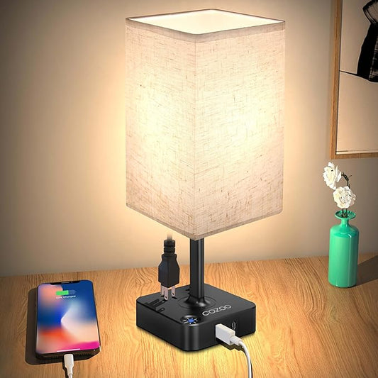 COZOO USB Bedside Dimmable Table Desk Lamp with 2 USB Charging Ports 2 Outlets Power Strip,Black Charger Base Flaxen Fabric Shade, LED Light for Bedroom/Nightstand/Living Room/Dorm/Home Office/College