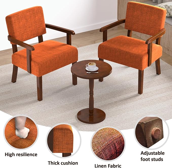 Accent Chair Set of 2 with Table, Upholstered Living Room Chairs with Wood Frame, Modern Oversized Reading Armchair for Bedroom Waiting Room (Orange)