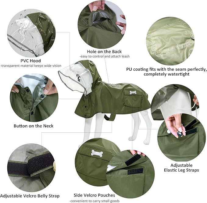 Waterproof Dog Raincoat, Adjustable Reflective Lightweight Pet Rain Clothes with Poncho Hood (Army Green, X-Small)