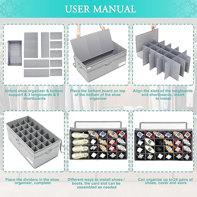 LUVHOMEE Shoe Organizer for Closet, Fits 24 Pairs, Large Shoe Box Storage Containers, Clear Foldable Shoe Storage Bins w/Bottom Support, Space Saving Closet Shoes Holder w/Reinforced Handles, Gray