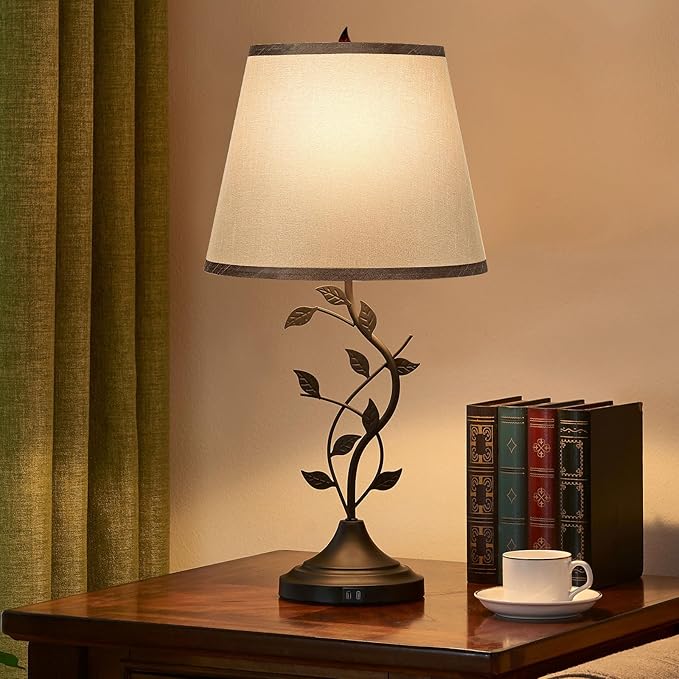 Kakanuo Table Bedside Lamp with USB C Charging Port, Grey Traditional Nightstand Lamp for Living Room, Desk Lamp Large Retro Table Lamp for Bedroom