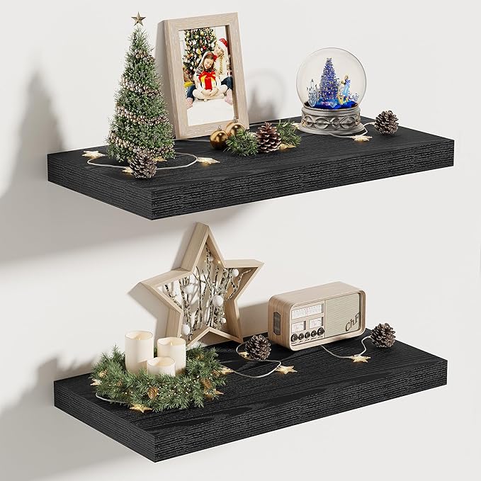 Vivelove 16 Inches Floating Shelves Wall Mounted, 10" Deep Wall Shelves for Bedroom, Bathroom, Living Room, Kitchen, Office, Home Decor, Modern Shelf, Set of 2, Black, 16x10.2x1.5