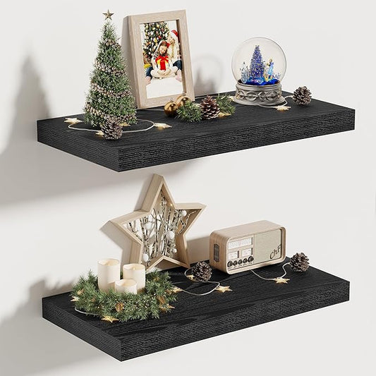 Vivelove 16 Inches Floating Shelves Wall Mounted, 10" Deep Wall Shelves for Bedroom, Bathroom, Living Room, Kitchen, Office, Home Decor, Modern Shelf, Set of 2, Black, 16x10.2x1.5
