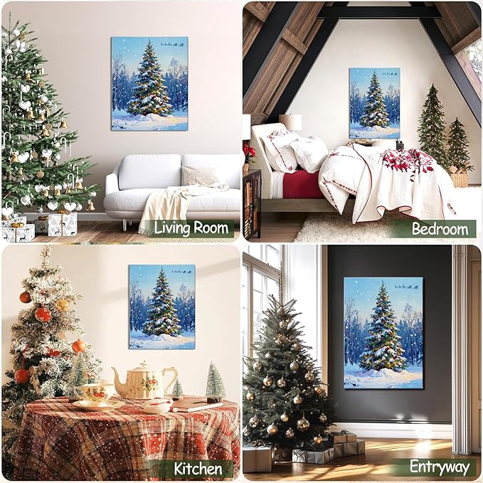 Snowy Christmas Tree Canvas Wall Art - Winter Wonderland Landscape Framed Canvas Prints for Home Office, Festive Christmas Wall Art Ready to Hang, Ideal Christmas Gifts & Holiday Decorations