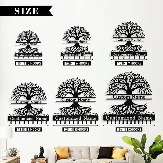 Personalized Tree of Life Key Holder Wall Mount, Custom Metal Key Holder for Wall with Name, Custom Keys Rack Hanger with Hooks for Entryway, Front Door, Hallway, Living Room, Kitchen
