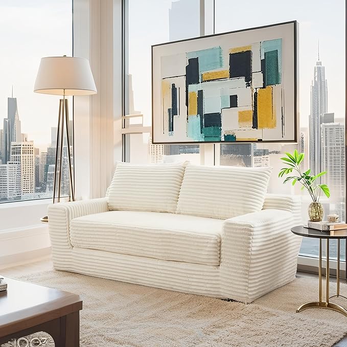 Fefances Loveseat Sofa Bed Boneless Couch, Convertible 2-in-1 Design, Corduroy Fabric - Compact Memory Foam Couch for Small Spaces, Apartments, Home Office & Bedroom (Beige)