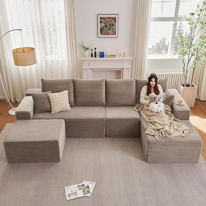 135" U-Shape Cloud Couch, Modern Modular Sectional Comfy L-Shape Sofa with Ottoman, Deep Seat, Upholstered Corduroy Sleeper Chaise Longue for Living Room Bedroom, No Assembly Required, Camel
