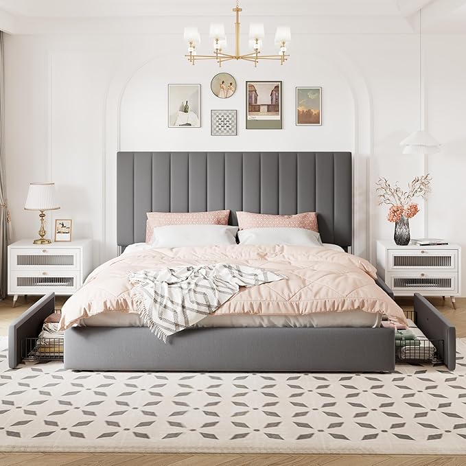 Allewie King Size Storage Bed Frame, Vertical Channel Tufted Adjustable Headboard, Velvet Upholstered Platform Bed with 4 Oversized Underbed Drawers, Wooden Slats Support, No Box Spring Needed, Grey
