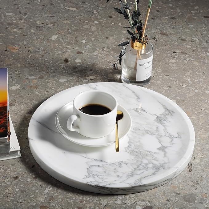 Marble Tray, White Bathroom Countertop, Decorative Serving Tray for Kitchen Counter and Coffee Table, Round Vanity Trays for Skincare and Perfume, Italian Statuario Natural Marble, 11.8