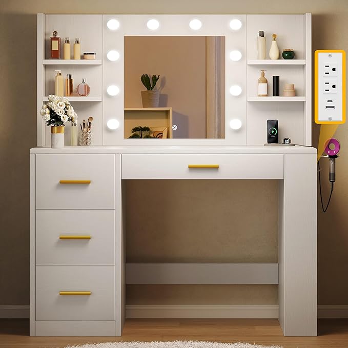DWVO Vanity Desk with Mirror, Power Outlet and 10 Lights, 40" Big Vanity Makeup Table with 4 Drawers and 8 Open Storage Shelves, 3 Color Modes Adjustable Brightness for Bedroom, White