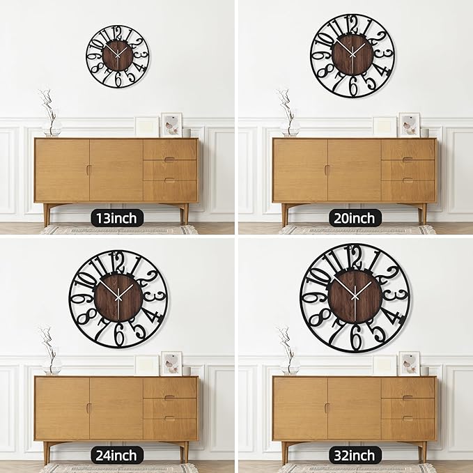Maxstar Large Round Wall Clock for Living Room Decor Battery Operated Non Ticking Black Metal Wood Clocks for Home Living Room Garden Farmhouse Office Kitchen Decoration -32 inch