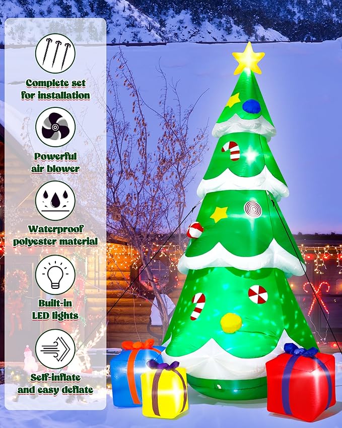 12FT Christmas Tree Inflatables, Giant Blow Up Christmas Tree with Boxes, Lighted Up Xmas Inflatables with Rotating Snowflake Lights for Xmas
