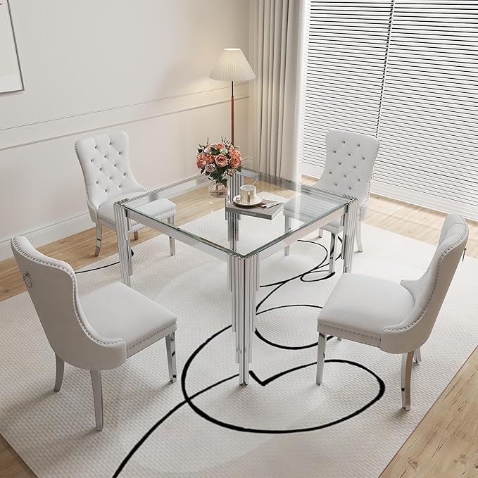 5 Piece Glass Dining Table Set, Morden Kitchen Table Set for 4 with 35" Clear Glass Dining Table and 4 White Velvet Upholstered Chairs for Kitchen, Silver Legs