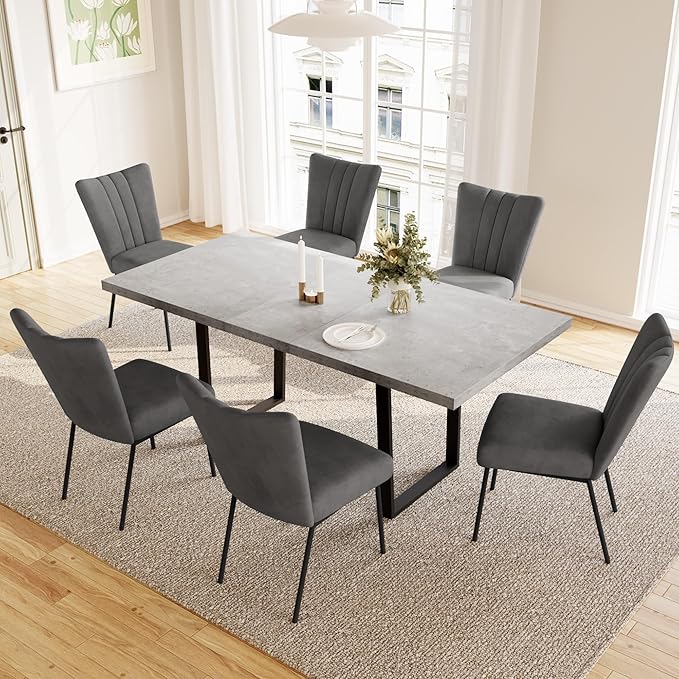 ZckyCine Modern Mid-Century Dining Table Set for 6-8 People Kitchen Dining Room Table Set Extendable Wood Dining Table and 6 Upholstered Chairs, Home Kitchen Furniture